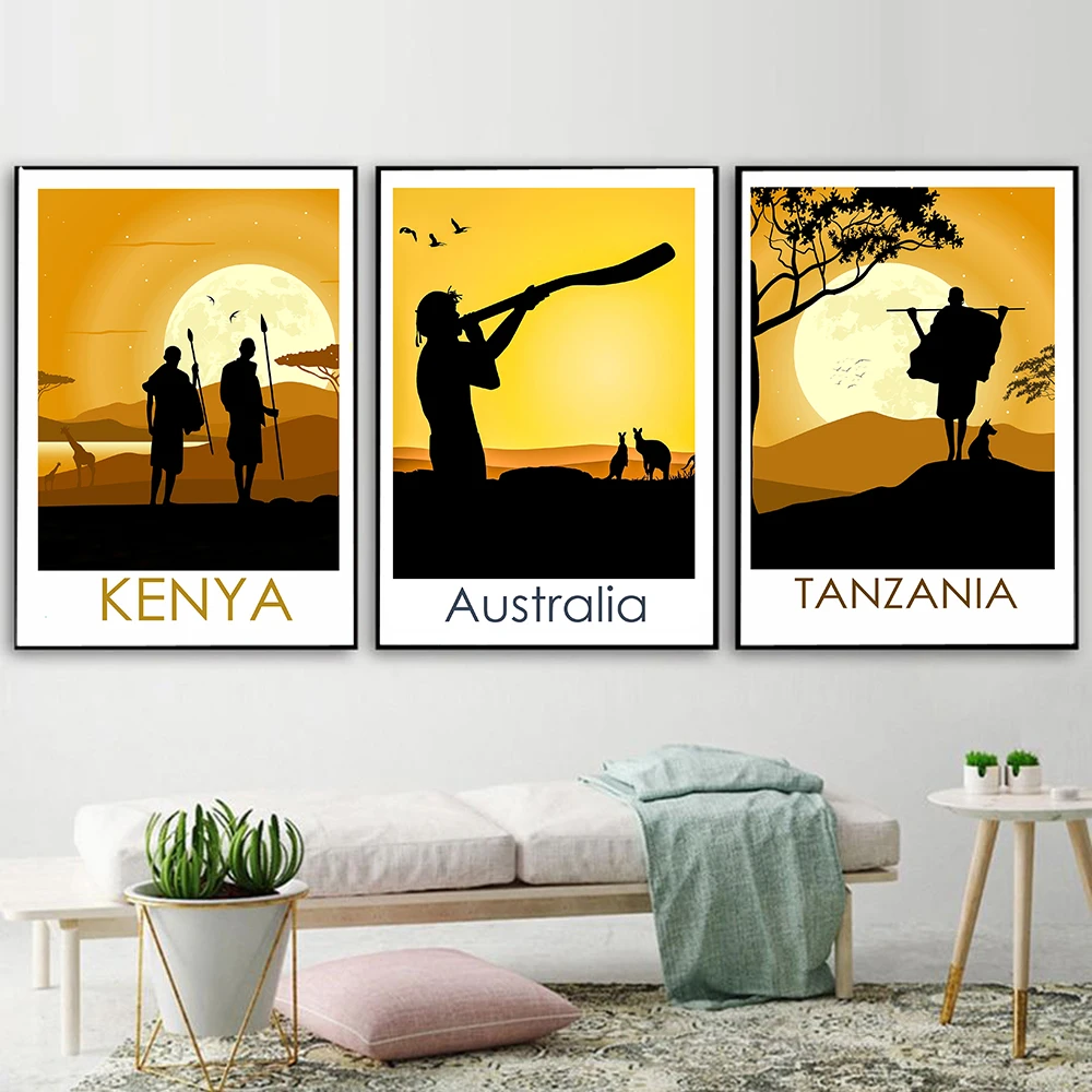 Аборигены Кения Танзания Австралия. Холст Плакат Путешествия печать картины