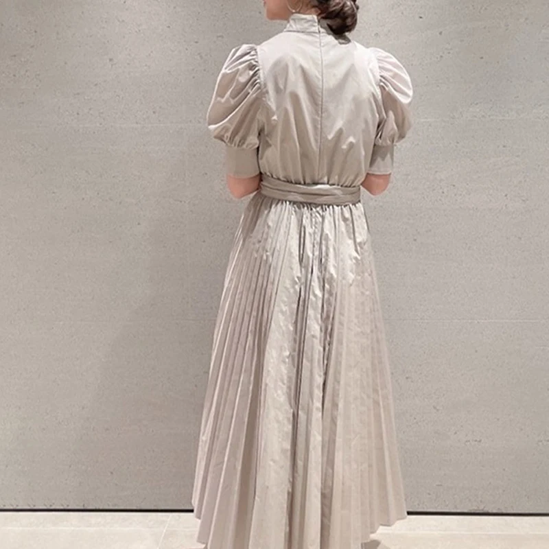 

2021 Spring Cotton Slim Waist Thin Dress New Summer Elegant Long Skirt Women Fashion Puff Sleeve Sweet Lady Solid Pleated Skirts
