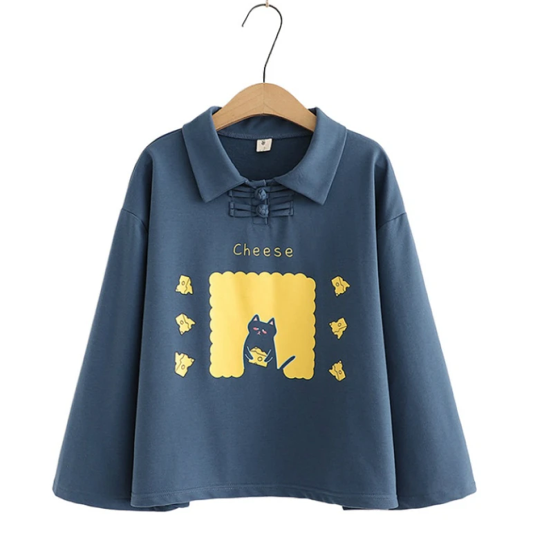 

Women Sweatshirts Cartoon Cat Print Harakuju Hoodies 2021 Autumn Flare Sleeve Turndown Collar Cotton Pullover Korean Tracksuits