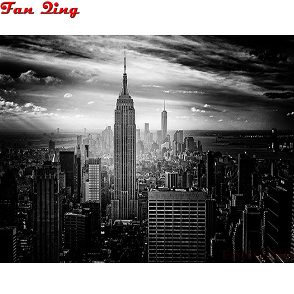 

Алмазная живопись 5D "сделай сам", Нью-Йорк, Манхэттен, черно-белое здание, вышивка крестиком, квадратная Круглая Мозаика, вышивка Стразы