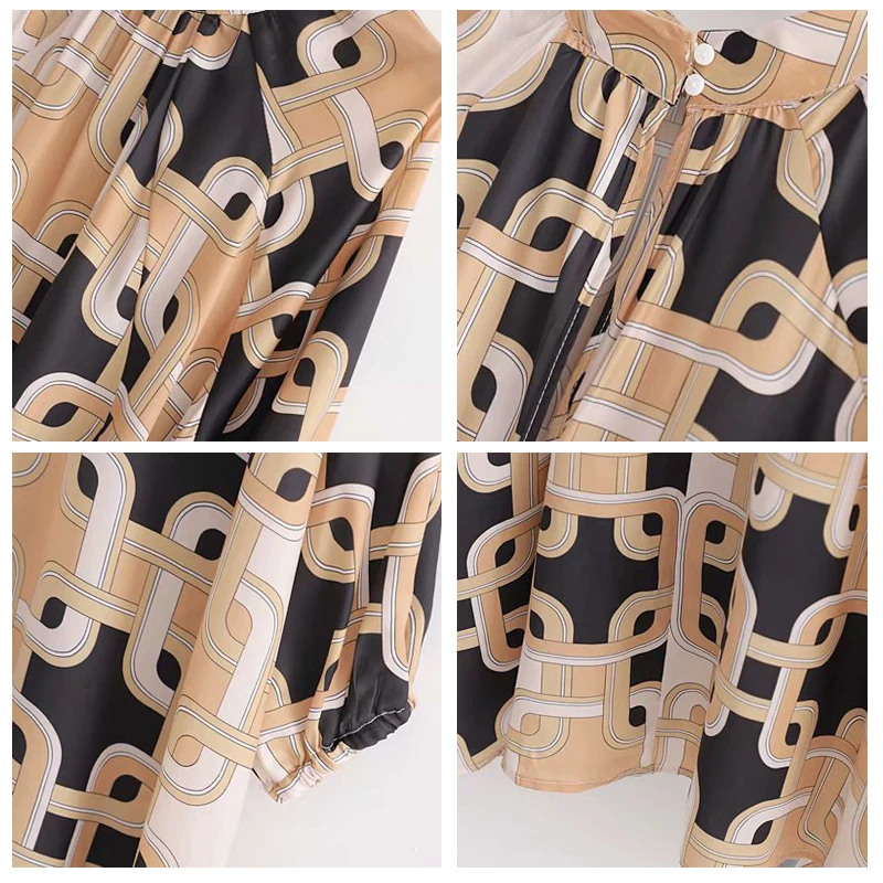 ROHOPO круглый воротник длинный рукав цепочка принт винтажное платье миди топ сзади