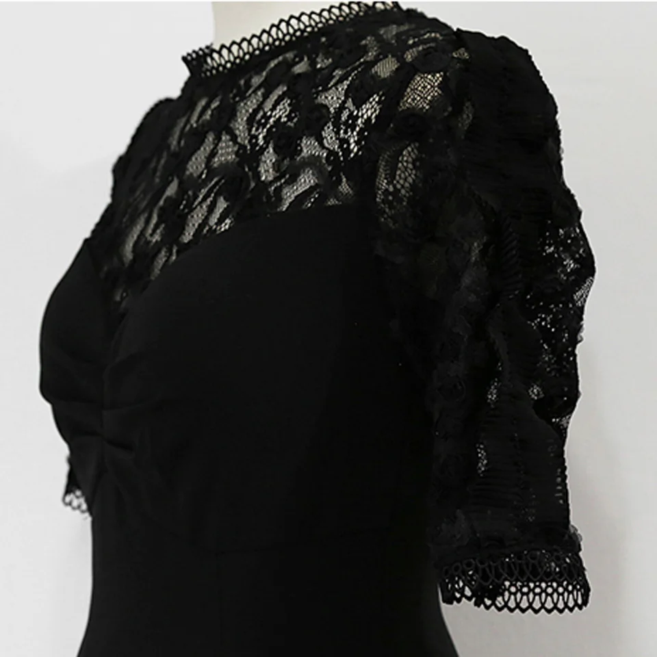 

Elegant High Waist Tight Party Dress 2021 Summer Sexy Black Perspective Lace Stitching Stand Neck Half Sleeve Office Lady Dress