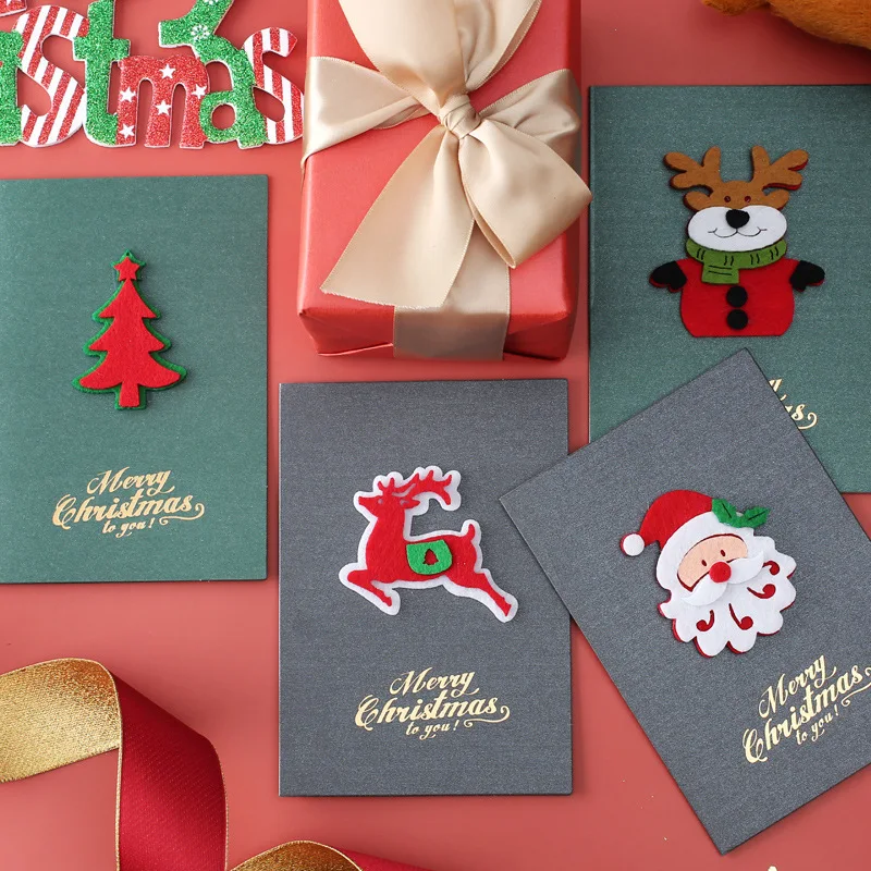 

2021Christmas Card Vintage Pearlescent Paper Handmade Felt Christmas Card Set Blessing Thanksgiving Christmas Card With Envelope