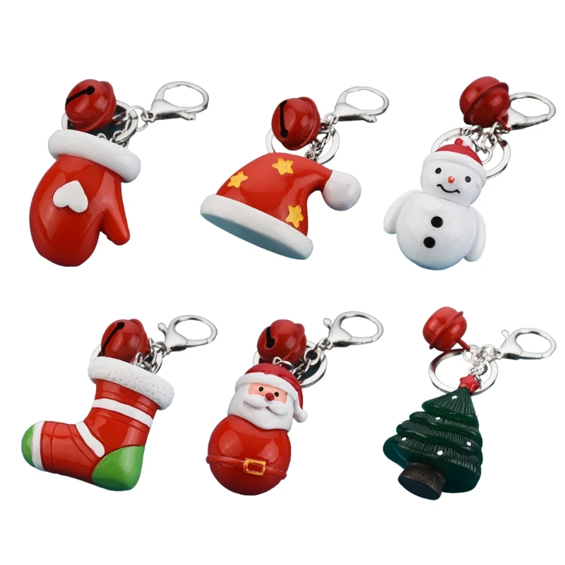 

28EC Santa Claus Cartoon Key Rings with Bell Creative Christmas Tree Snowman Bag Pendant Resin Keychains Car Key Accessories