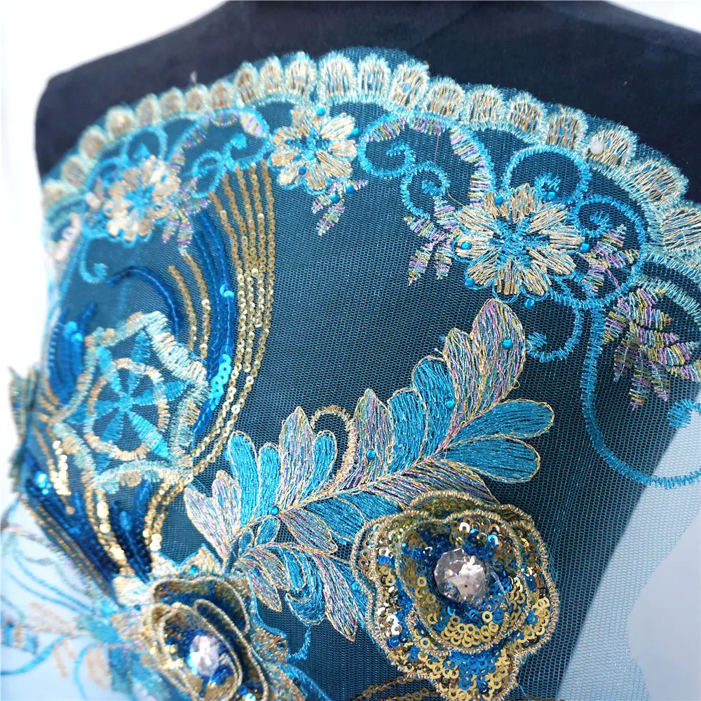 130 см Небесно-Голубой Феникс Павлин кружевной ткани блесток цветок горный