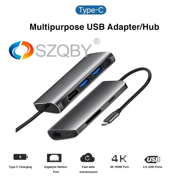 Адаптер 7 в 1 TC71N TYPE C для USB 3 0X2 + HDMI SD/TF кардридер RJ45 серебристо серый|ЖК-экран