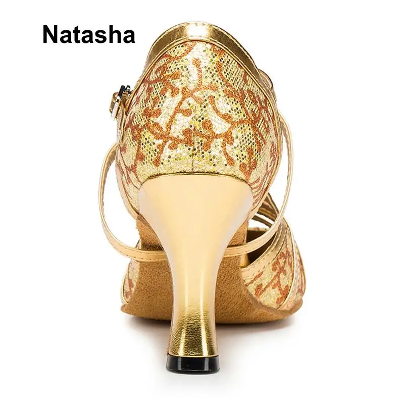 Новая обувь для латиноамериканских танцев взрослых Natasha черные золотые туфли