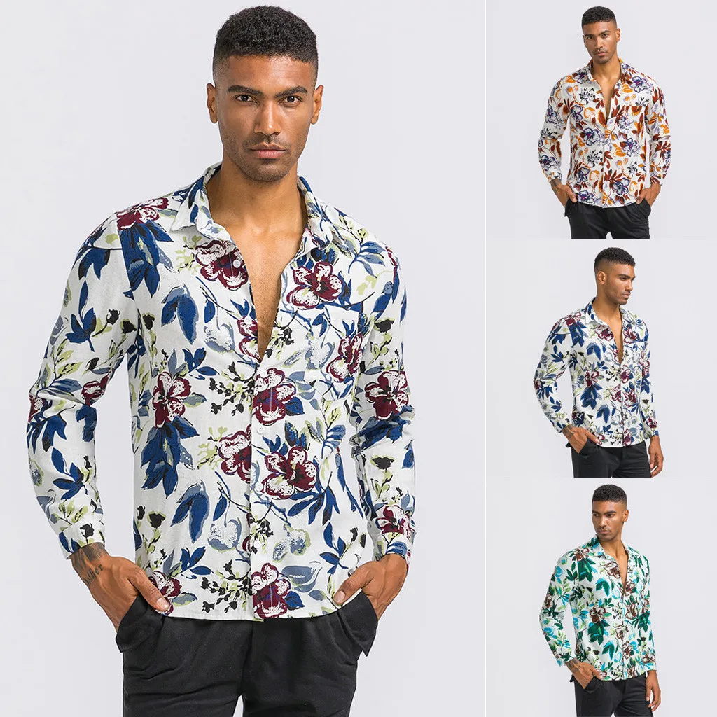 Мужские в этническом стиле винтажные цветочные печати с длинным рукавом