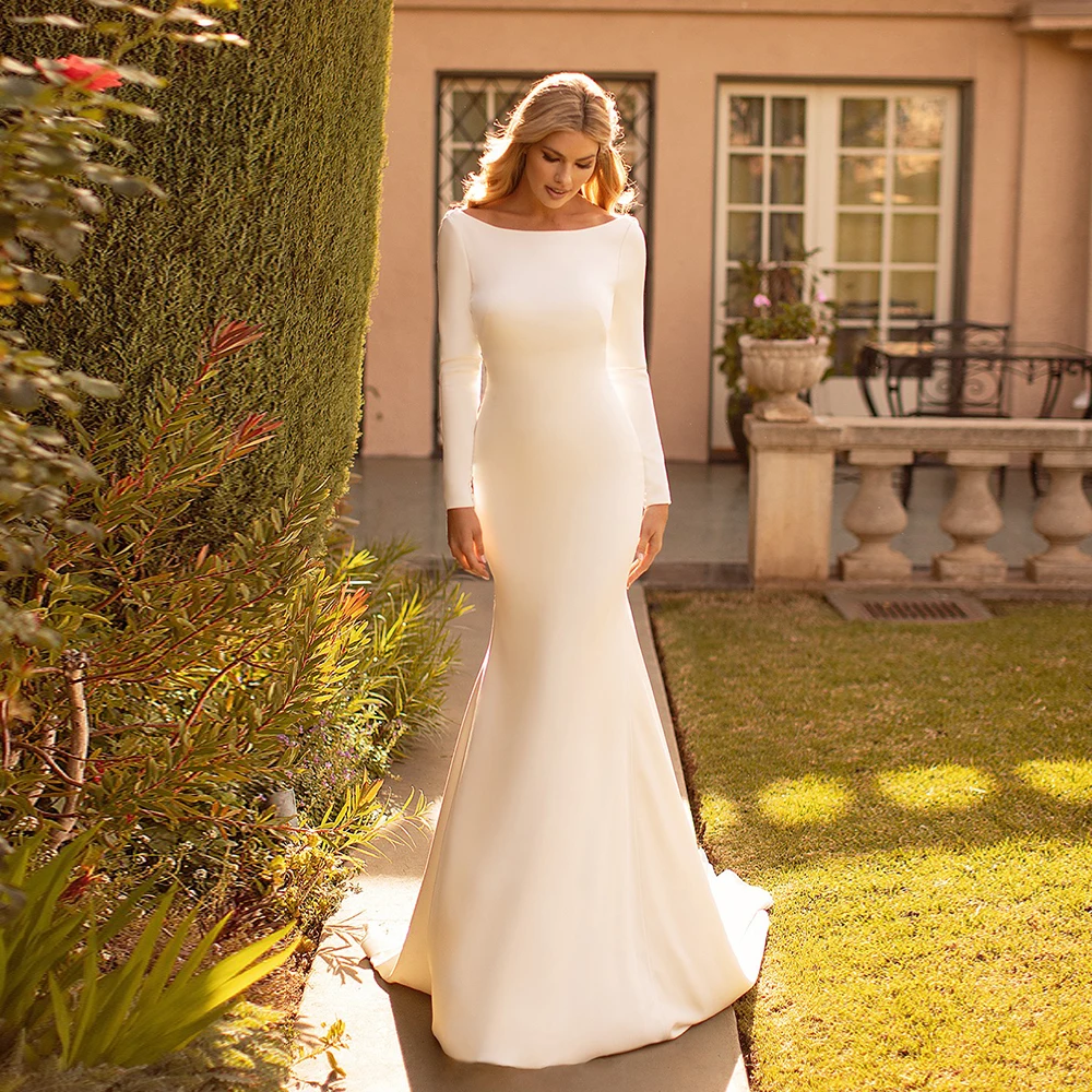 

Simple Mermaid Bridal Gown With Long Sleeves Sweep Train White Wedding Dress For Woman Charming Vestido De Novia 2021 Bateau