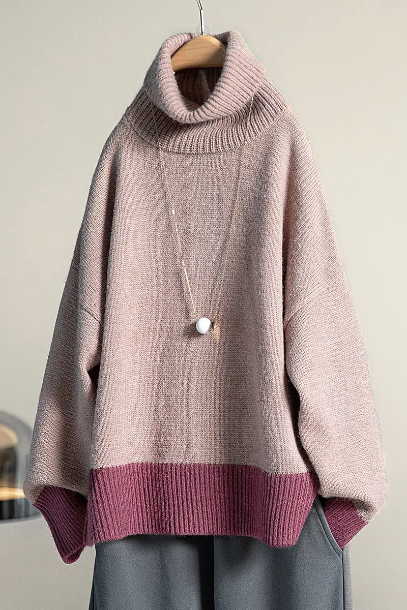 

Women's Sweaters Autumn Winter Female Bottoming Tops Warm Turtleneck Loose Patchwork Sweater