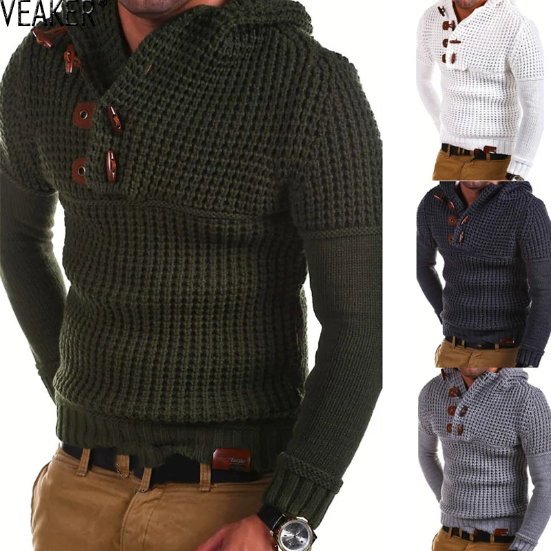 

Мужской трикотажный свитер на пуговицах, однотонный облегающий свитер с высоким воротником и капюшоном, с длинным рукавом, осень 2022