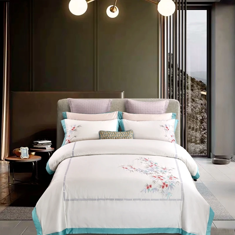 

Elegant embroidery Bedding Set 600TC egyptian cotton Bed Linens yellow Bed Sheet Set Bedclothes Queen/King Size Bed cover 4pcs