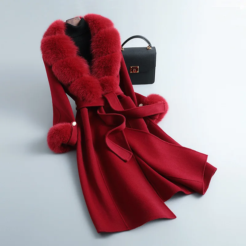 Winter Autumn Women's Classic Double-Faced Wool Coat Real Fox Fur Collar Cuff Woolen Female Jacket Belt S3664 | Женская одежда