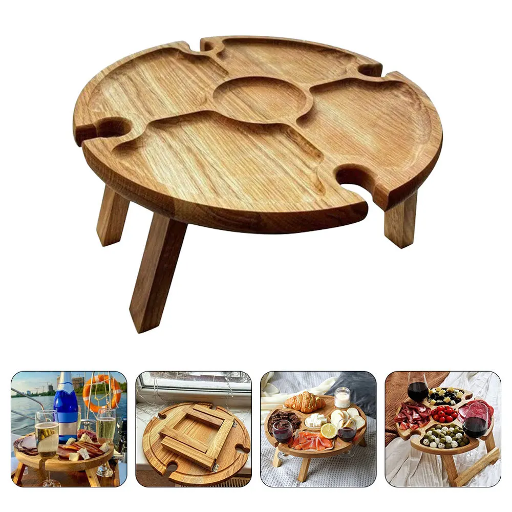 

1Pc Wooden Picnic Table with Glass Holder Outdoor Round Foldable Desk Khaki