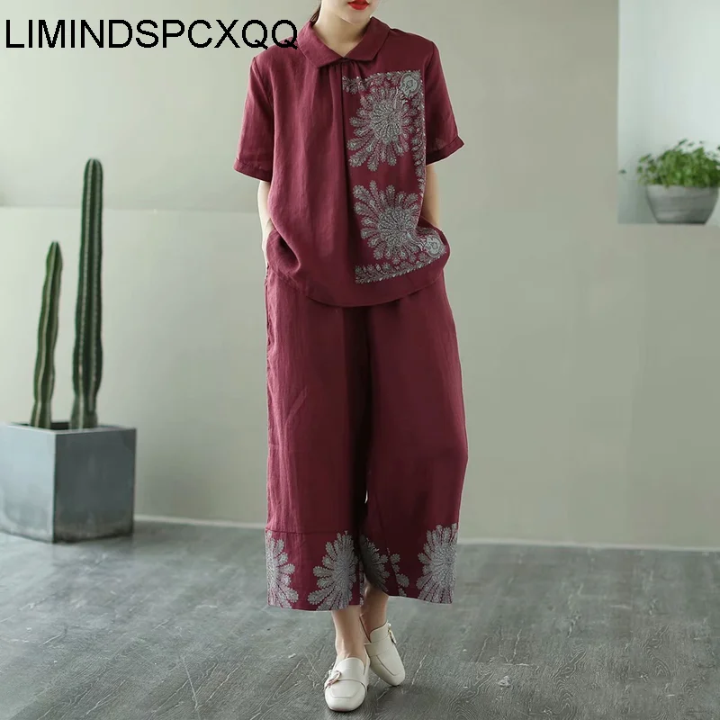 

LIMINDSPCXQQ Chinese Style Summer Women Cotton Linen Two Pieces Sets Ladies Printed Tops And Straight Harem Pants Vintage Suits