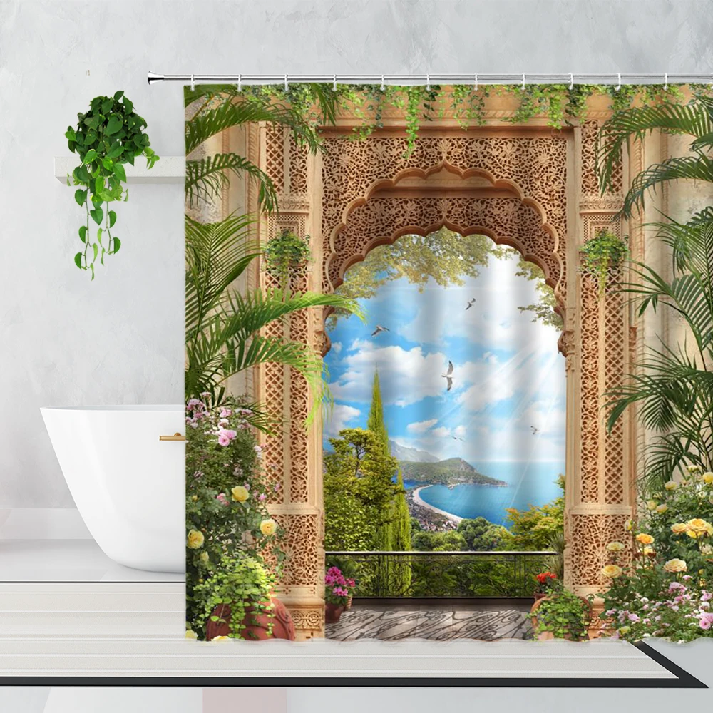 

Трехмерная занавеска для душа с цветами и растениями, Изогнутая Дверь, волшебный лес, сад, украшение для ванной комнаты, водонепроницаемая з...