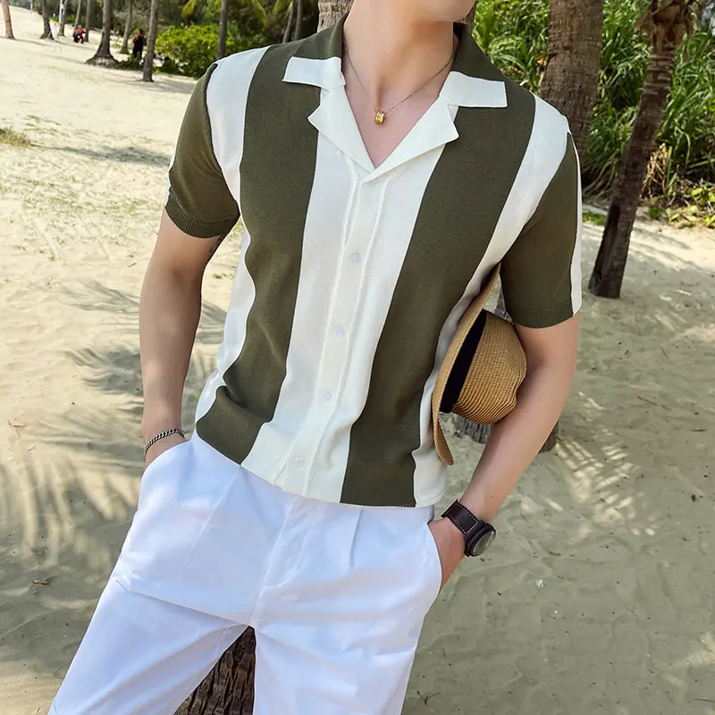 

Summer Knitted POLO Shirts Men Short Sleeve Lapel Tee Tops Fashion Striped POLO Shirts Business Casual Streetwear Male Clothing