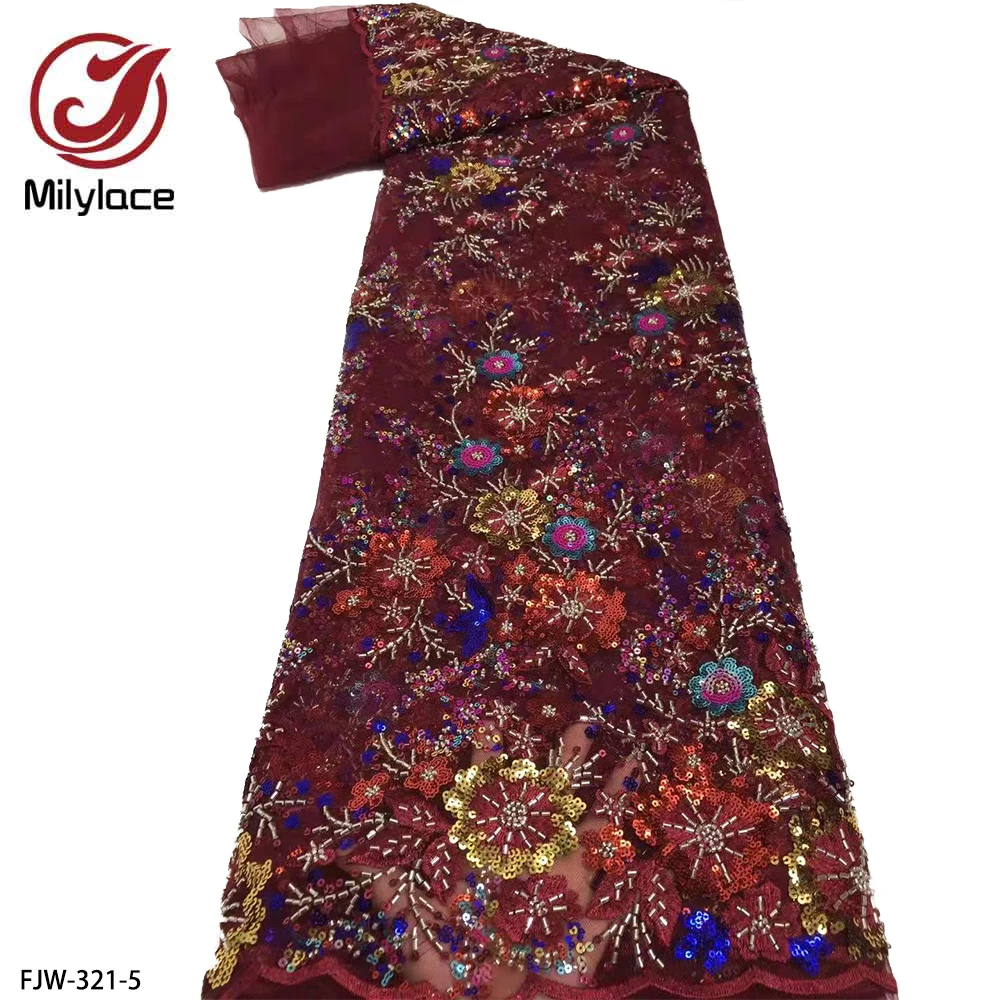 

French Tulle Lace Fabric with Sequins and Beads High-End Tulle Shining Lace Fabric for Evening or Wedding Dress FJW-321