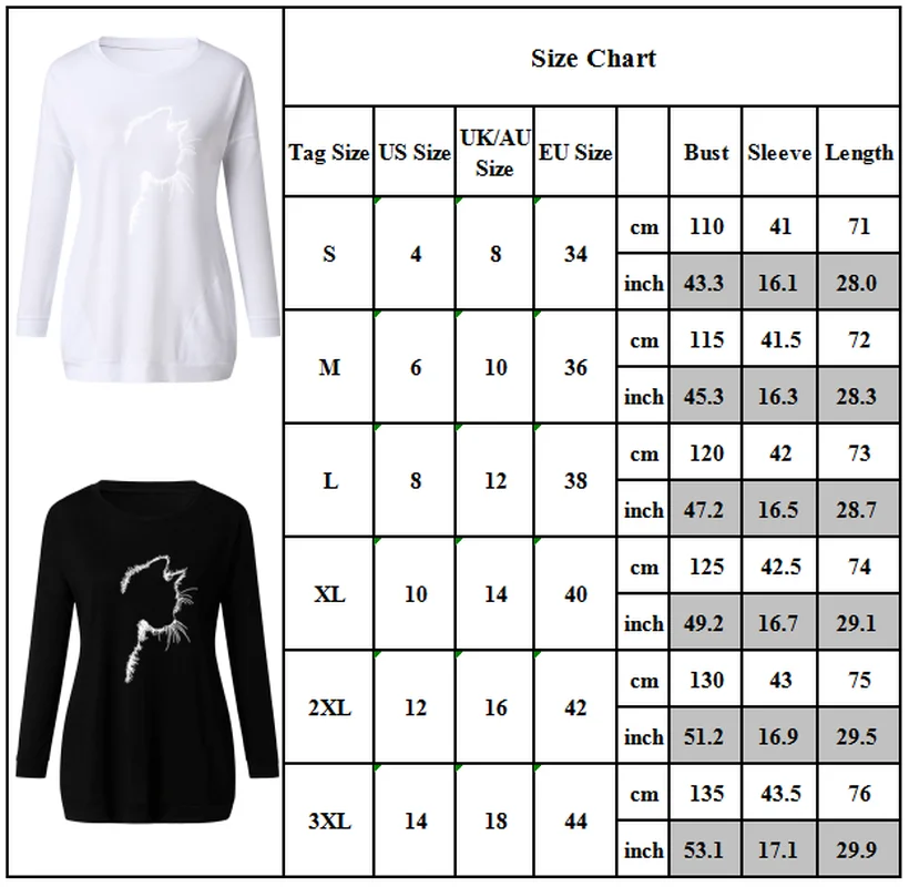 

Women Cat Print Long Sleeve T-shirt Casual Pocket Loose Blouse Tee Pullover Tops