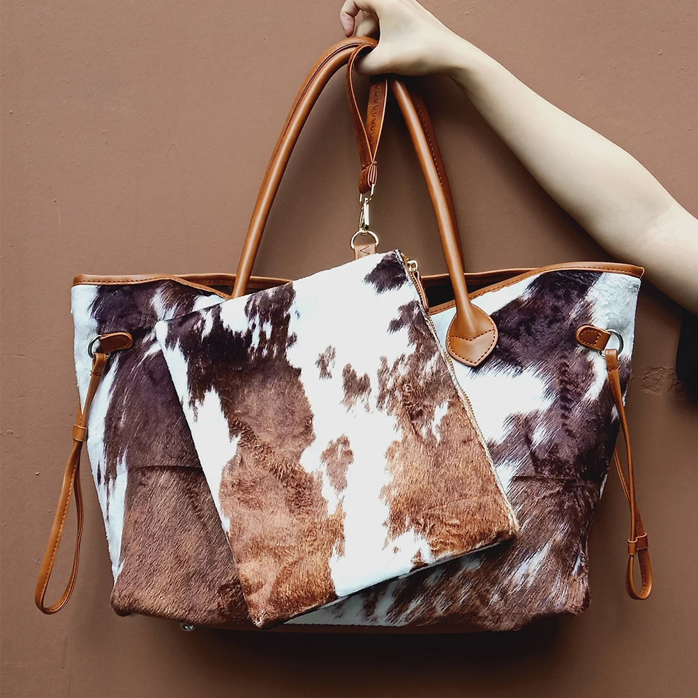 

1pcs Dropshipping Cowhide Bag Set Endless String Tote Brown Cowhide Purse Large Black Cow Suede Tote With Clutch DOMIL1431
