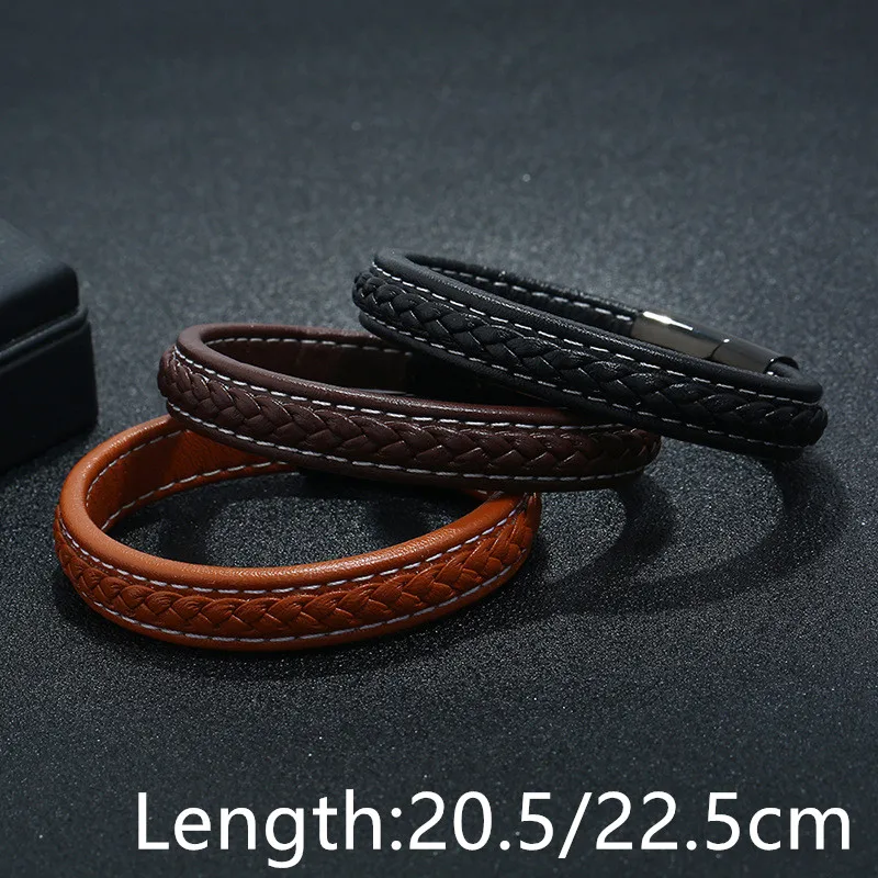 Genuine Leather Braid Stainless Steel Charm Bracelet Magnetic Buckle Clasps Vintage Women Men Bracelets& Bangles Men Jewelry
