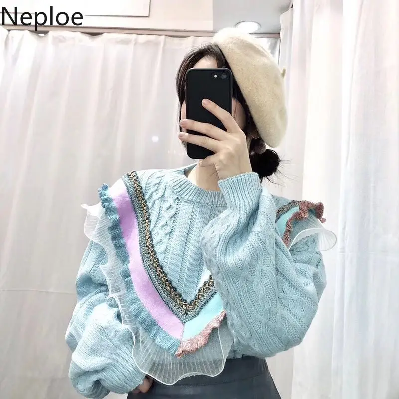 Neploe Nation стиль вышивка вязаный свитер для женщин нитки твист кружева лоскутное