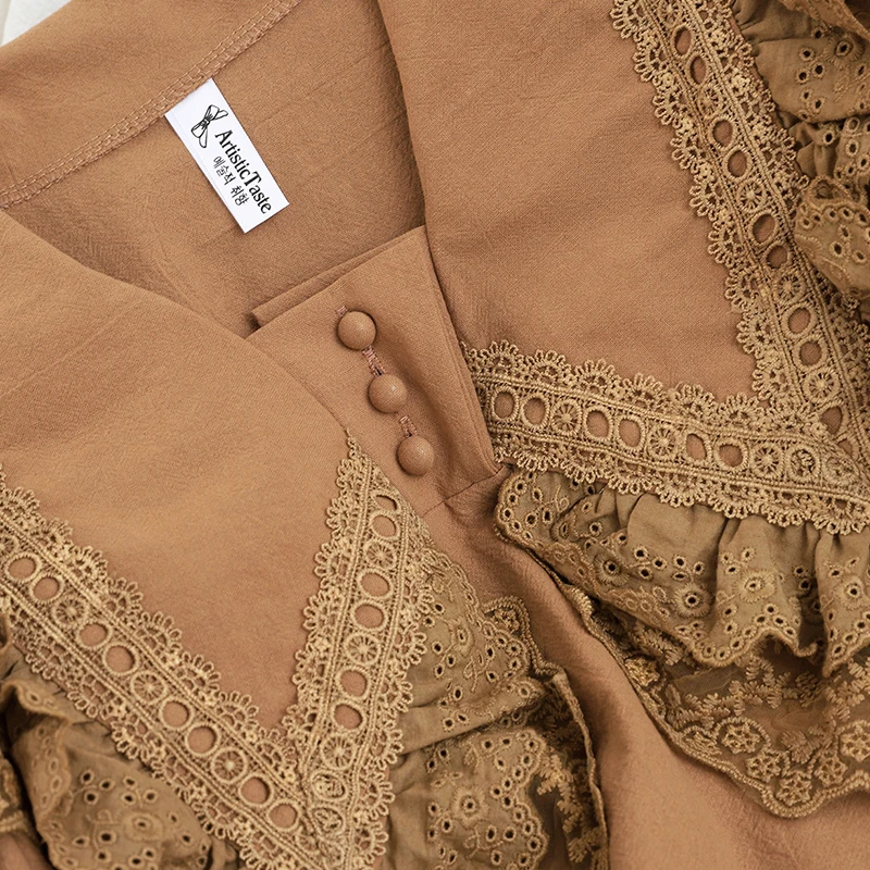 Gagarich женские блузки корейская мода кружева шить Питер Пэн воротник полный