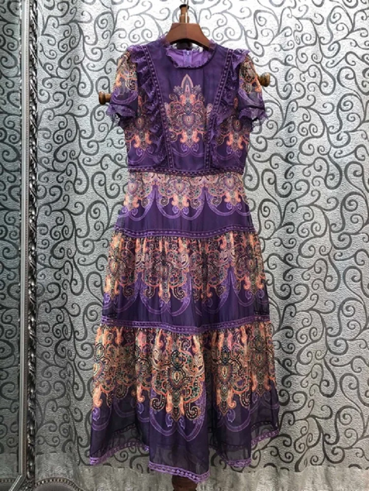 

Vintage Retro 2020 Summer Fashion Style Women Hollow Out Embroidery Ruffle Lace Patchwork Short Sleeve Orange Purple Dress