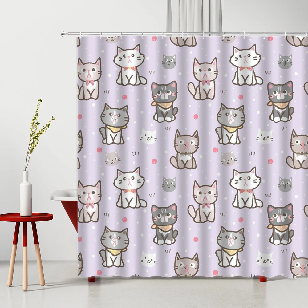 

Cartoons Animal Shower Curtain White Cat Love-Heart Dog Flower Deer Machine Washable Bathroom Decor Curtain Set Bath Accessories
