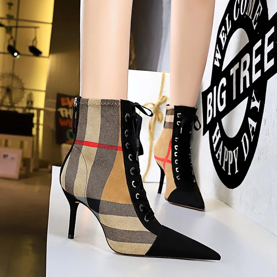 Женские ботильоны на шнуровке BIGTREE облегающие клетчатые ботинки высоком каблуке