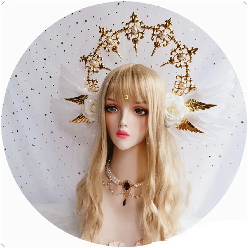 

Gorgeous White Rose Angel Wings KC Gothic Lolita Court Crown Halo Aperture Princess Queen Pope Props Cosplay Notre Dame Headband