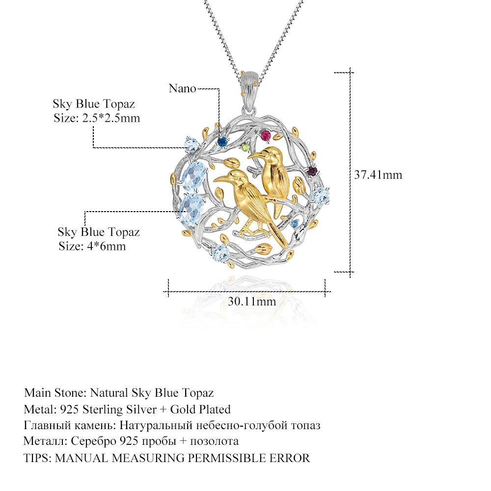 

GEM'S BALLET 925 Sterling Silver Handmade Bird Flower Bud Busy Garden Natural Sky Blue Topaz Gemstones Womans Pendant Necklace