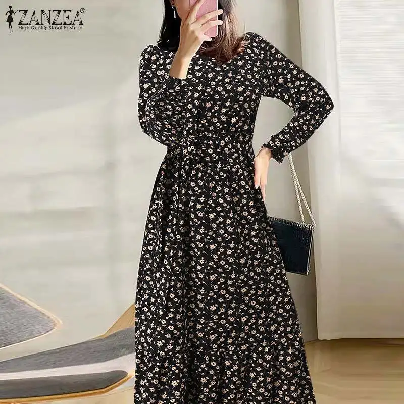 

Винтажный женский весенний сарафан с цветочным принтом ZANZEA, богемное праздничное платье, платье с длинным рукавом, офисное платье до середи...