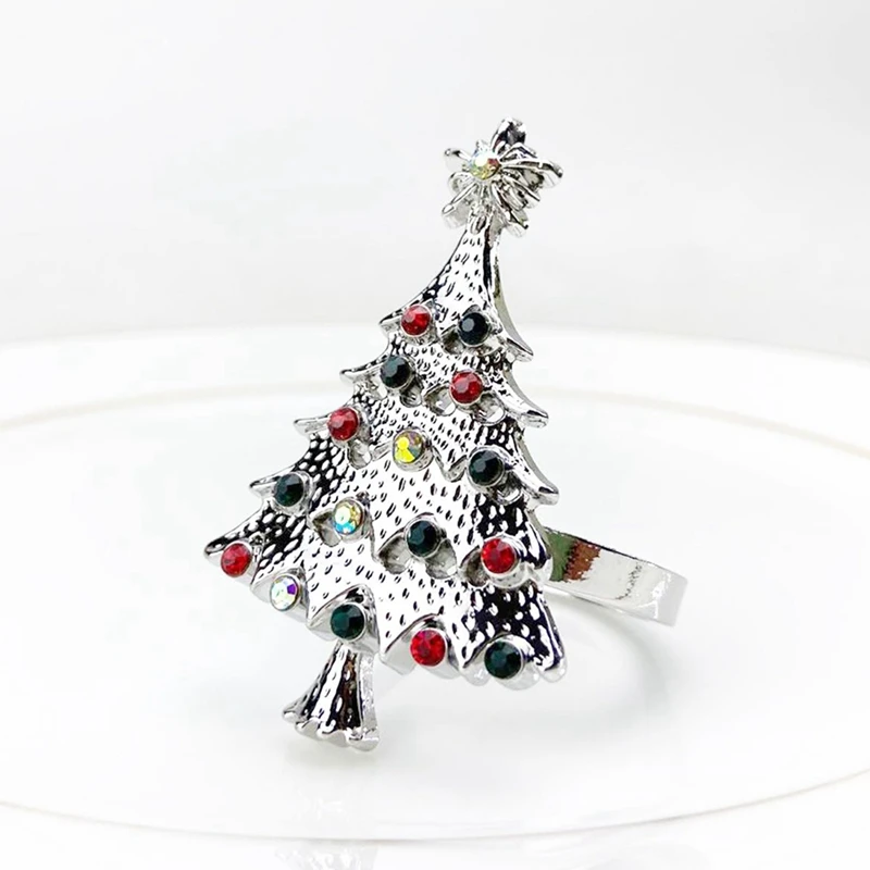 

Set of 12 Christmas Tree Napkin Rings Holder Buckle Set Christmas Rhinestone Diamond Metal Alloy Napkin Ring