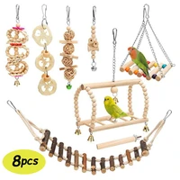 8pcsset bird parrot toys wooden hanging swing hammock chewing standing climbing ladders perches pet cage accessories