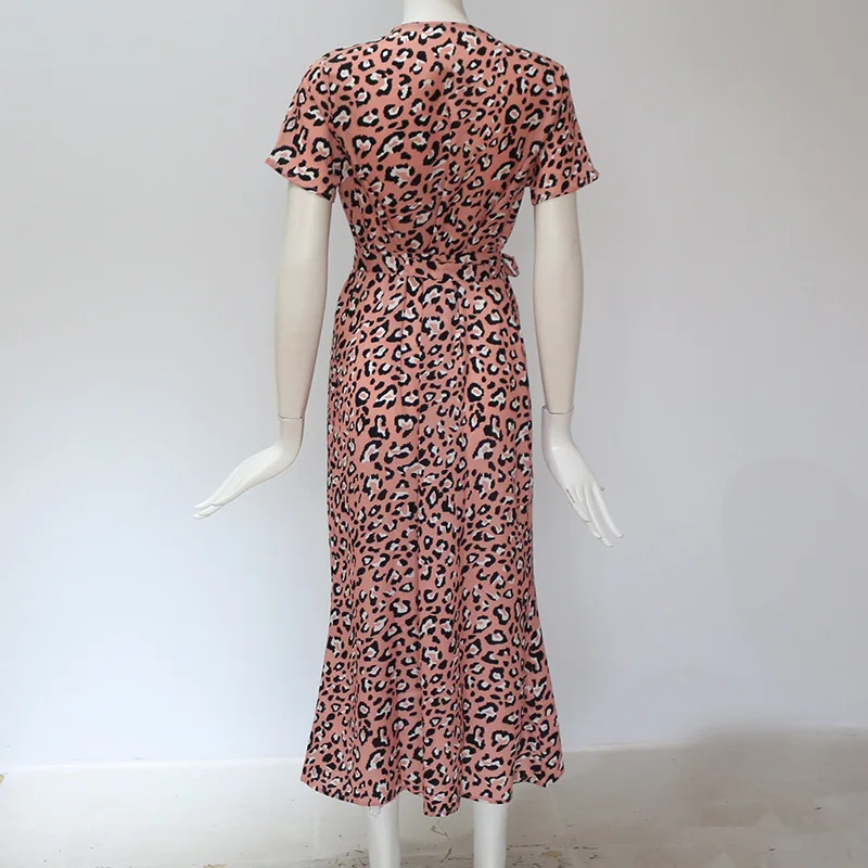 

ZOGAA Women Summer Chiffon Leopard Print Dress V Neck Casual Dress Short Sleeve Sashes Party Sundress Vestidos De Verano S-2XL