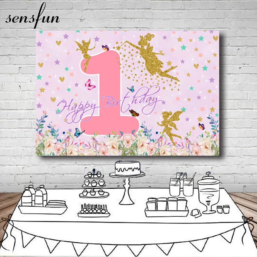 

Sensfun Gold Glitter Fairy Girls 1st Birthday Party Backdrops For Photo Studio Pink Flowers Little Stars Butterfly Backgrounds