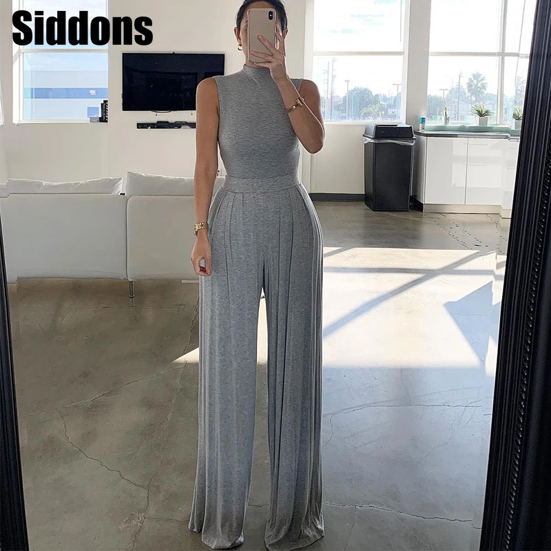 

Women Rompers Casual Sleeveless Jumpsuit Elegant OL Pleated Loose Wide Pants Overalls