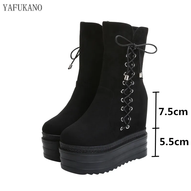 

13cm Wedges Internal Increase Med Boots Thick-Soled Super High Heels Martin Boots Cross Lace-Up Round Toe Platform Women Boots