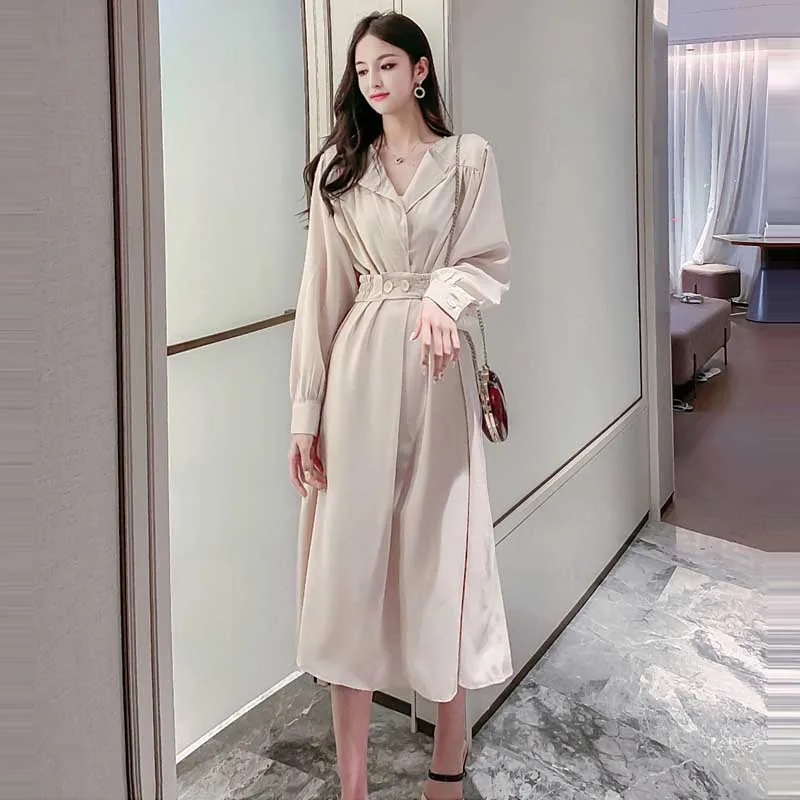 Nuevo 2021 primavera y otoño de las mujeres Slim Vestido de manga larga Vintage camisa elegante Oficina vestidos de una pieza de moda coreana vestido