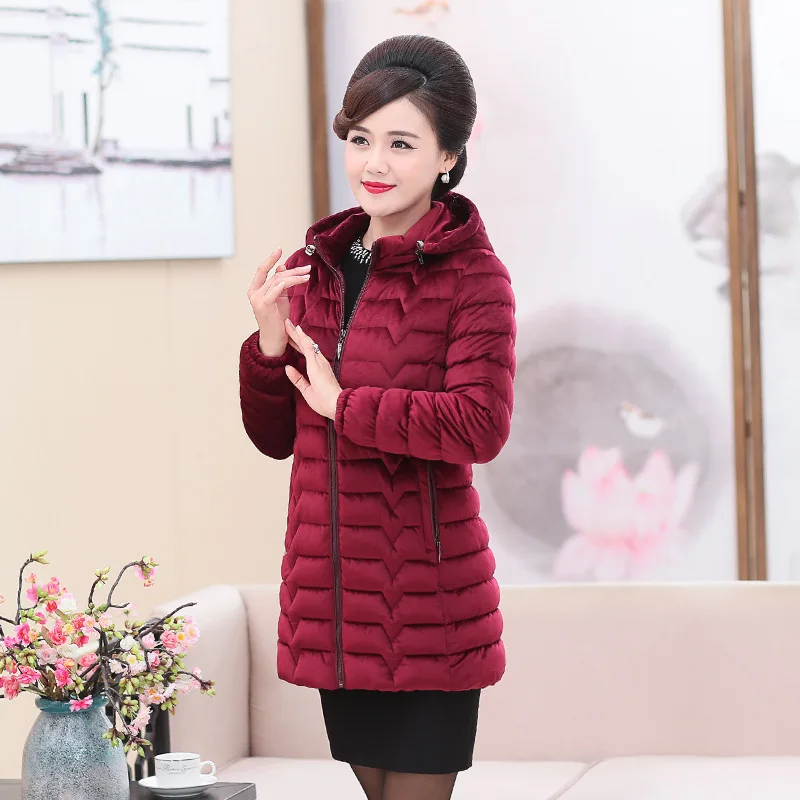winter jacket women female mothers parka mid-length large size pure color hooded gold velvet cotton coat women