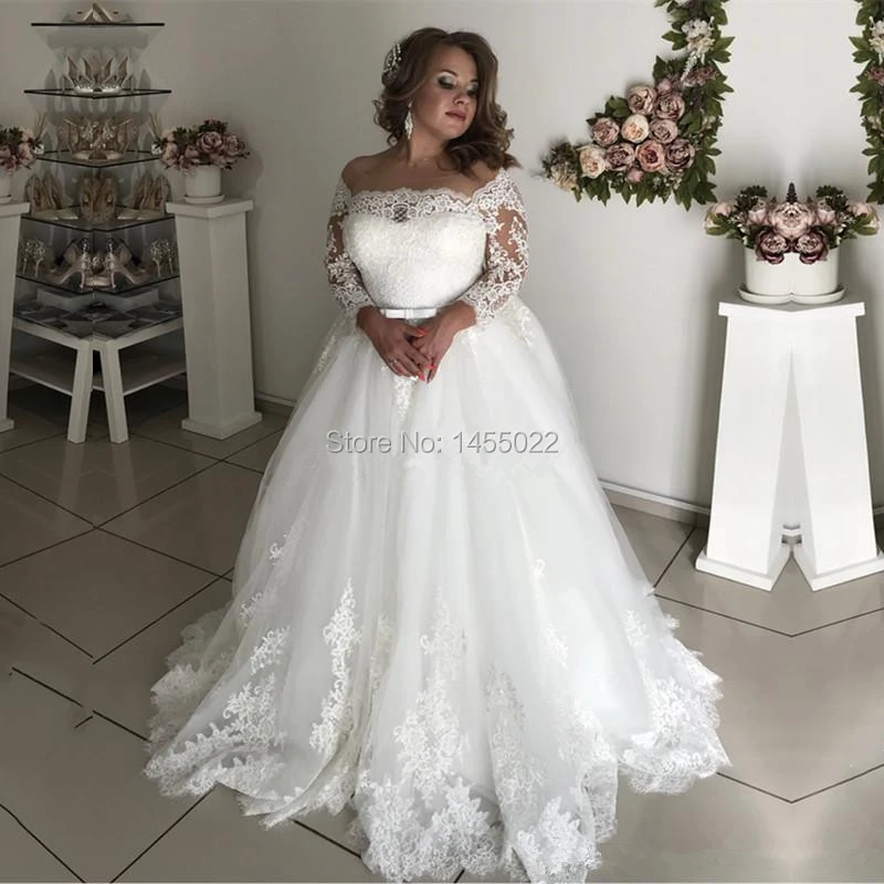 

Eightale Plus Size Wedding Gown Scoop Appliques A-Line Lace Long Sleeve Wedding Dress Lace Up Back Bride Dress 2020