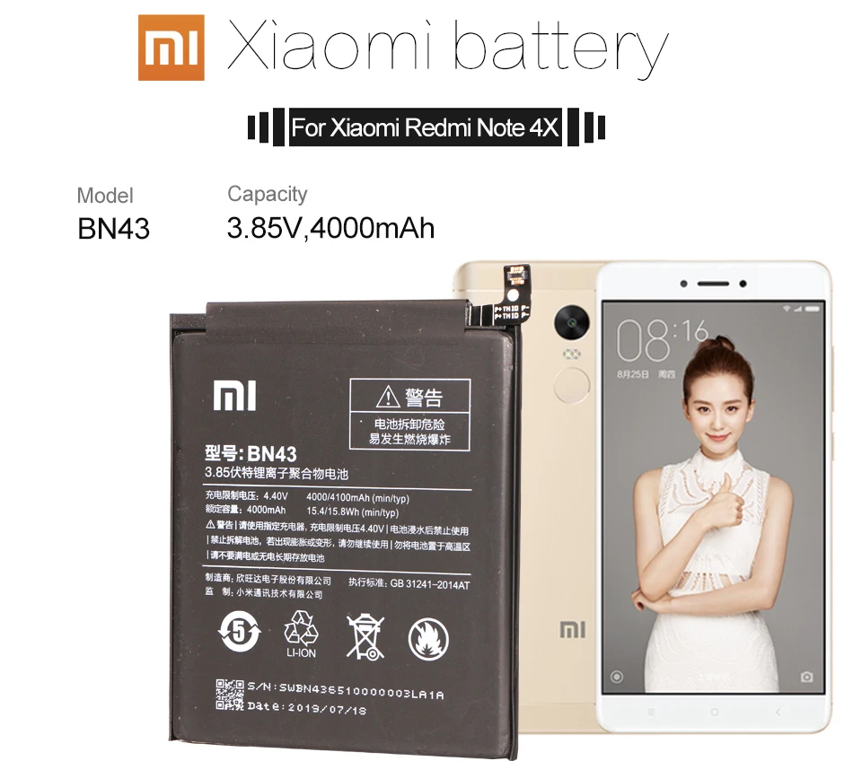 Оригинальный аккумулятор для телефона Xiomi Redmi Note 4X 3G + 32GB батарея Xiaomi hongmi 4 Global BN43