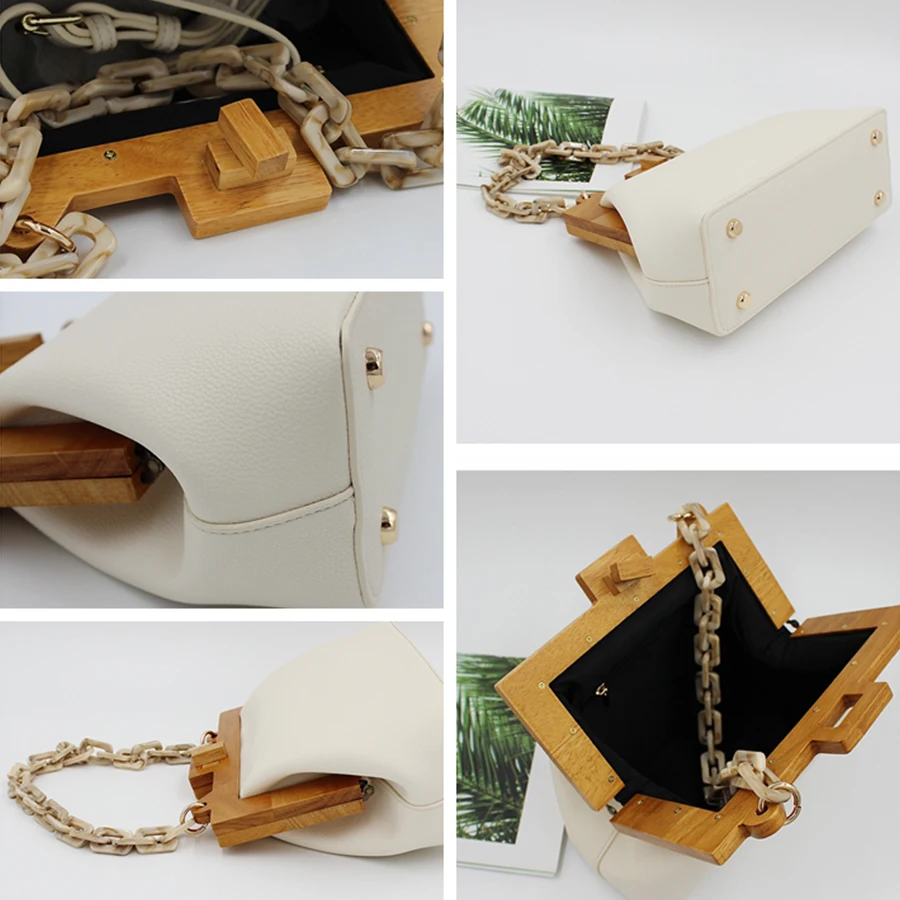 

Women's Box Bag Bucket Bag Wooden Clip Evening Bag Ins Acrylic Chain Luxury Handbag Women Banquet Party Purse Shoulder Bag Sac