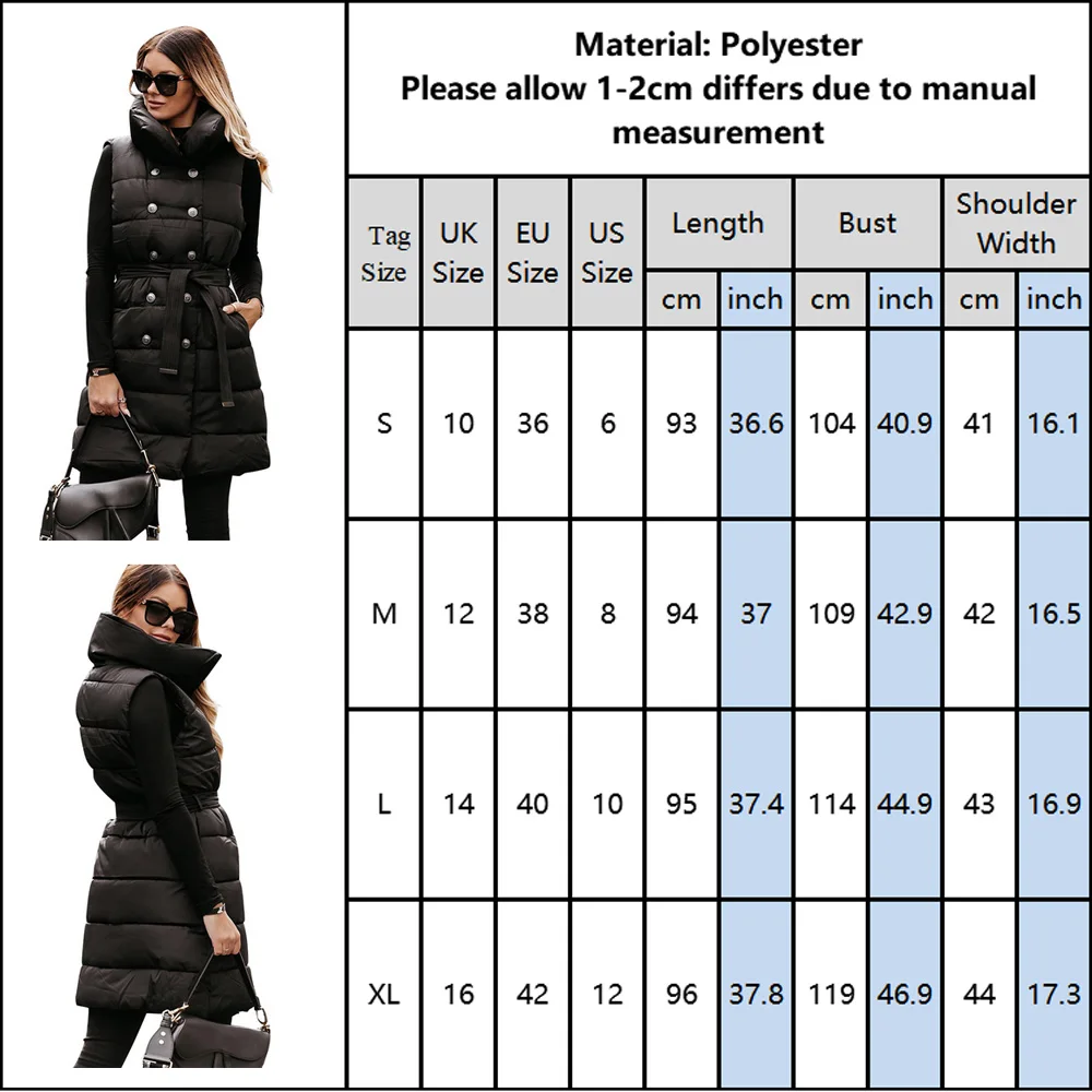 

Black Coats 2021 Women Vest Winter Warm Down Cotton Padded Jacket Female Sleeveless Jackets with Button and Belt Outwear Coat