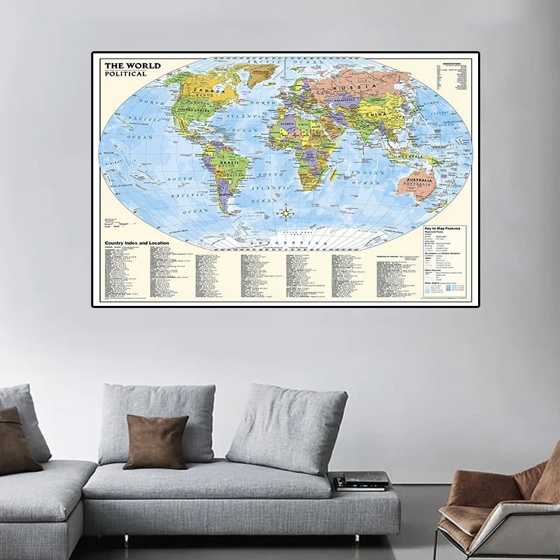 

The World Map With Country Index And Location Large Size Non-woven Canvas Painting Wall Poster Home Decoration Study Supplies