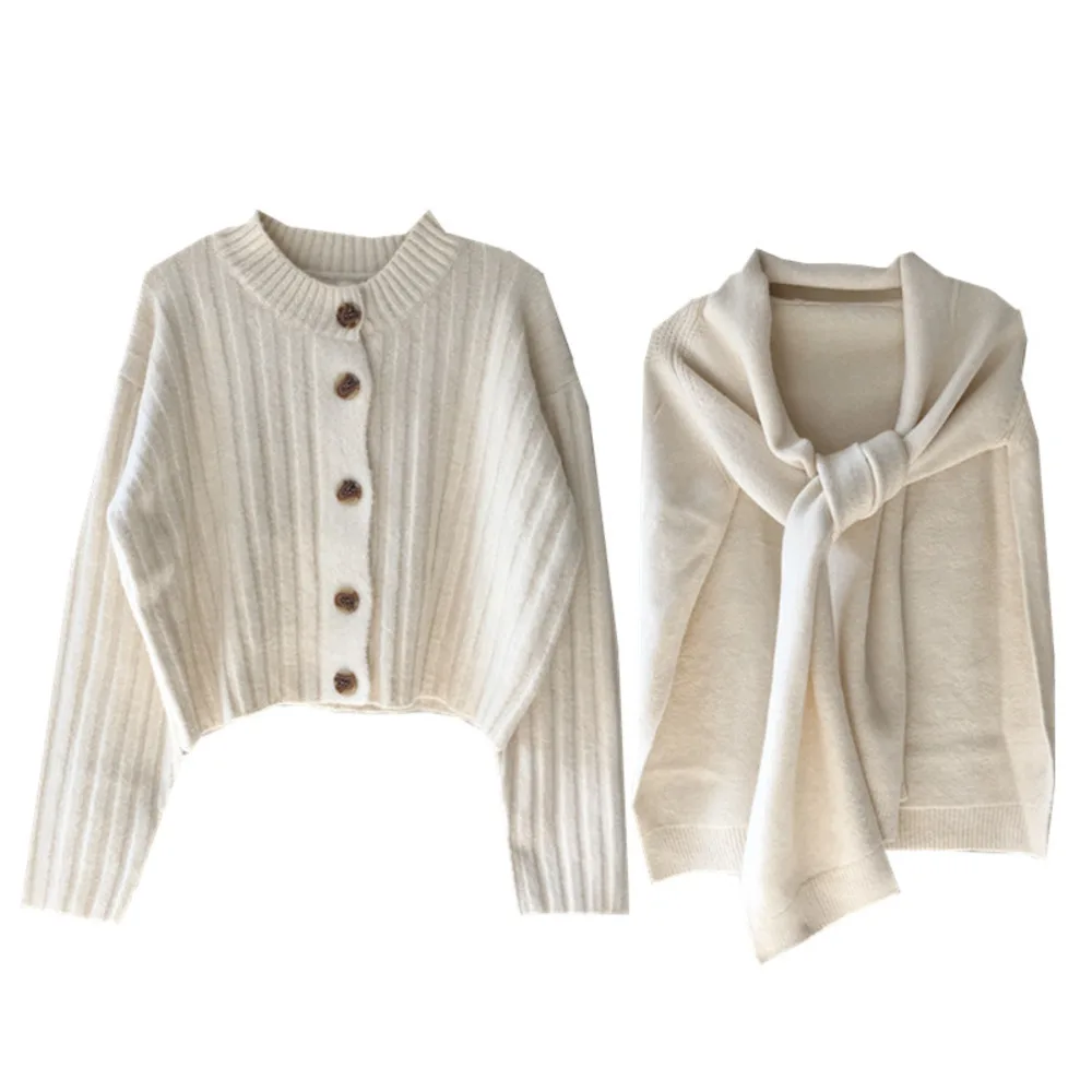 

autumn new 2020 knitted shawl top niche design sense long-sleeved sweater women round neck two-piece set 16Q368