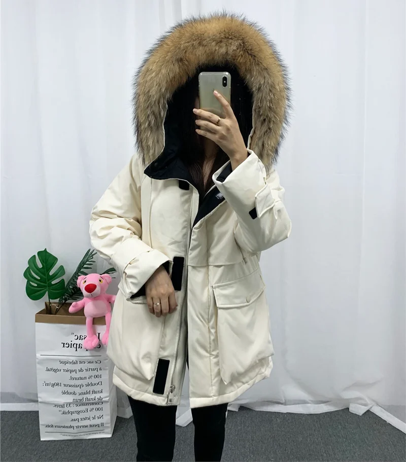 Женская зимняя куртка с капюшоном из меха енота 90% белый пуховик толстые парки