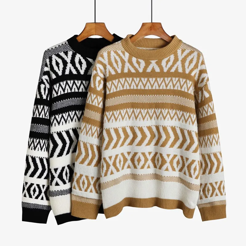 

2022 Female Pullover Casual Sweater O Neck Long Sleeve Plaid Fall Winter Loose Lazy Tops Thicken Sweaters Outer Wear Women