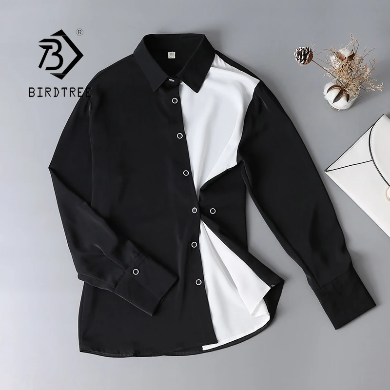 

Осенняя новинка Женская винтажная рубашка с контрастным воротником, черная элегантная Свободная шифоновая блузка с длинным рукавом на пуг...